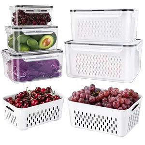 Refrigerator Storage Box Set, Sealed Lid Stackable Vegetable Keeper, Multi-Functional Dual Layer Drain Kitchen Organizer, Portable Handle