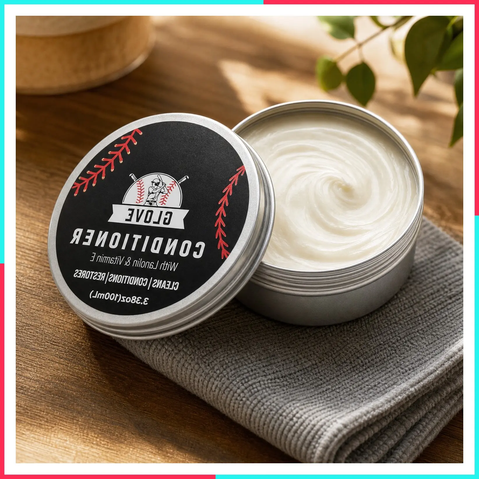 Leather Glove Conditioner Cream 2-Piece Set with Conditioning Balm & Cloth – Restores, Softens & Protects Baseball Mitts, Softball Gloves, Football Leather & Sports Gear