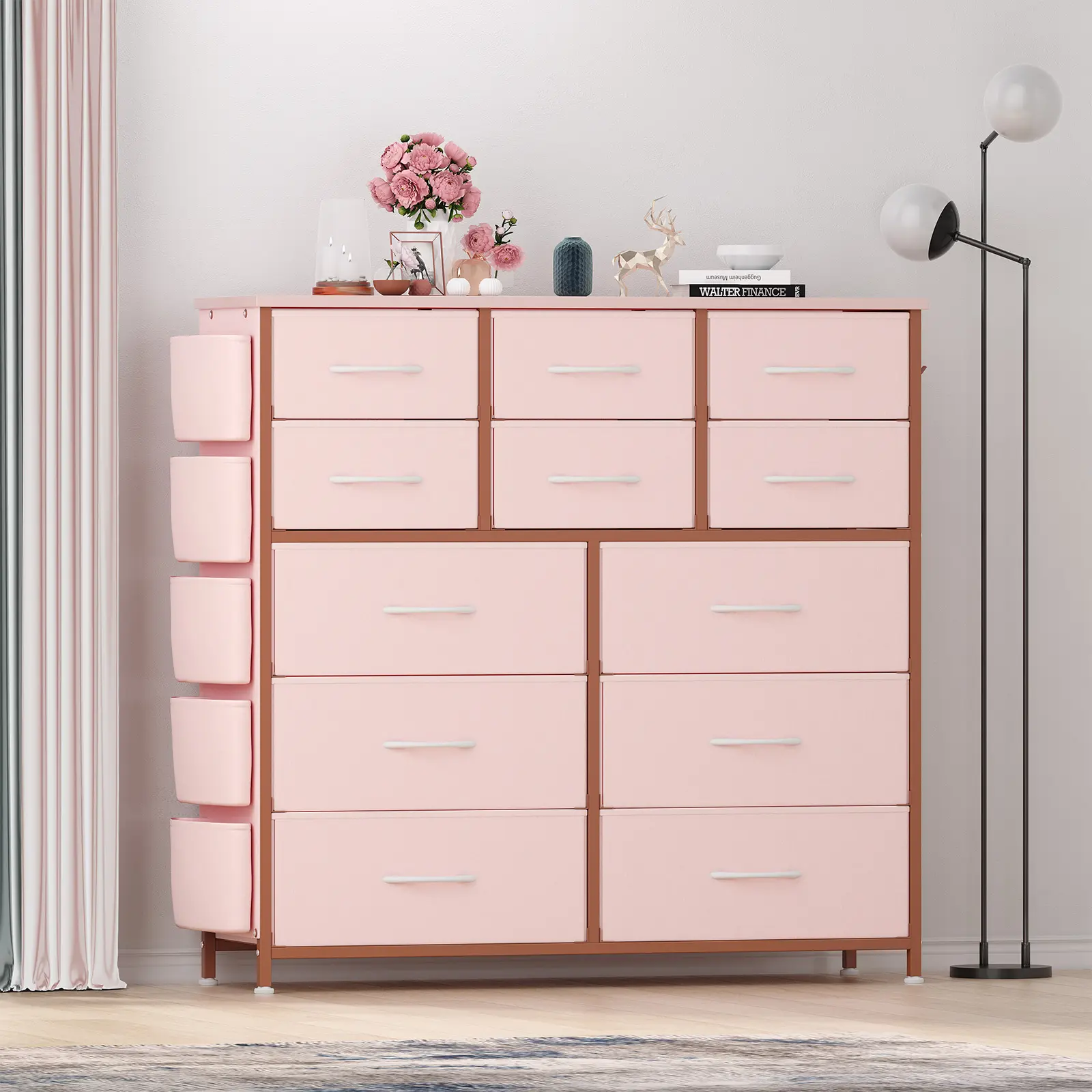 Dresser for Bedroom with 12 Drawer, Dressers & Chests of Drawers for Hallway, Entryway, Storage Organizer Unit with Fabric, Sturdy Metal Frame, Wood Tabletop, Easy Pull Handle,Pink/Black/Brown