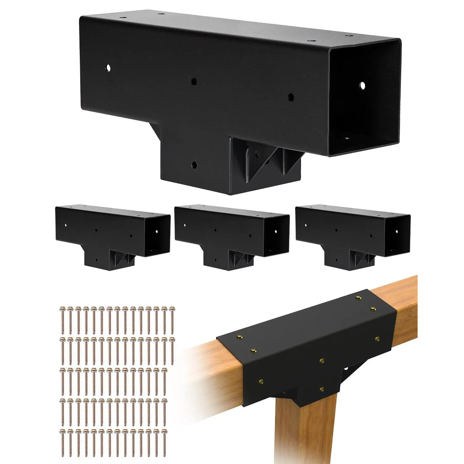 VEVOR T-Shaped Pergola Bracket Kit (4 Pcs), 3.5x3.5 In Actual 4x4 Wood Beam Compatibility, 3-Way DIY Woodworking Gazebo Brackets with Screws, Shade Sail Compatible, 19.84 Lbs / 9 Kg, for Outdoor Banquet