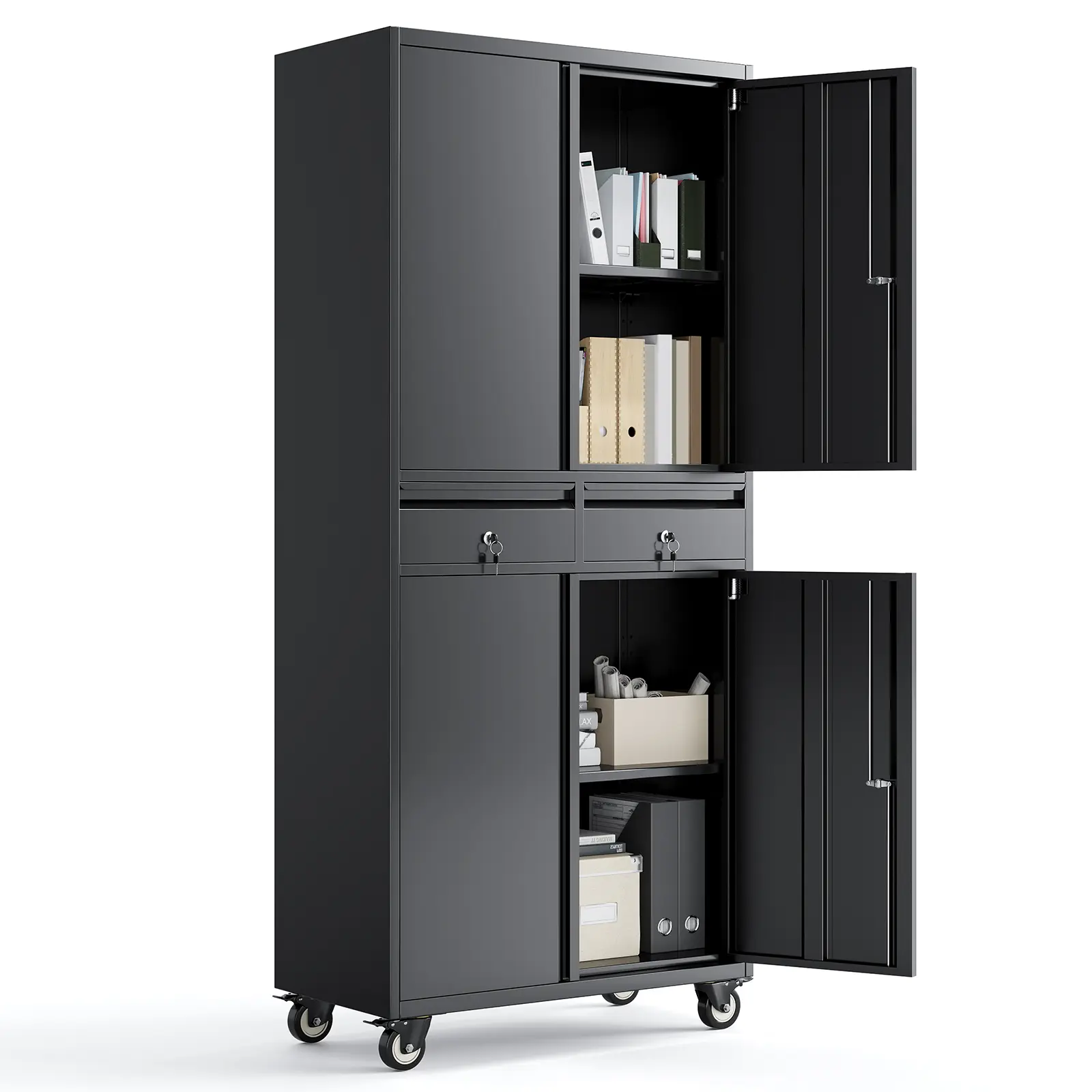 73'' Rolling Metal Storage Cabinet, Heavy Duty Lockable Garage Cabinet with 4 Doors, 2 Drawers & 2 Adjustable Shelves, Suitable for Garage, Home, Office and Warehouse
