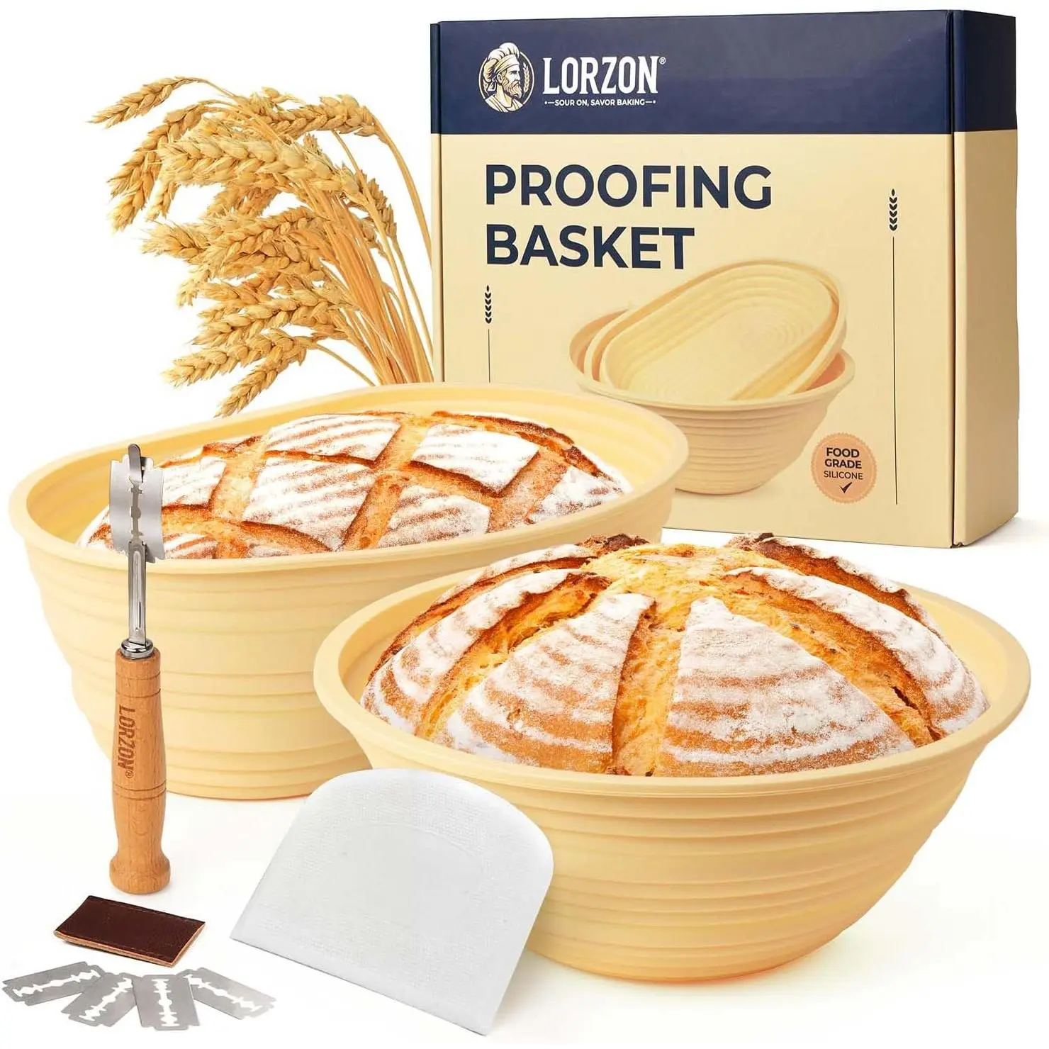 Banneton Proofing Basket Kit, Sourdough Bread Baking Supplies | Foldable & Dishwasher Safe, Oven & Microwave Safe, 9" Round & 10" Oval, with Bread Lame & Scraper, -Grade