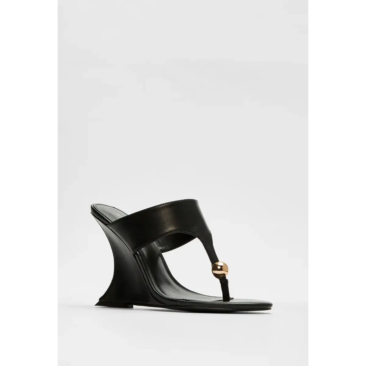 JUST FAB Women’s Eco-Leather Thong Wedge Mules  4.12" Inch Curved Sculpt Wedge Gold Round Bead Detail Slip-On Summer Slide Sandals