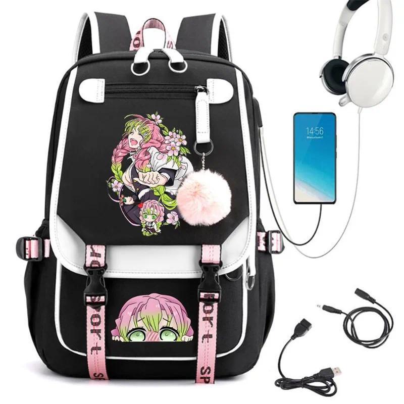 Demon Slayer Kanroji Mitsuri Backpacks Teenarges Schoolbag Anime USB Charge Laptop Travel Outdoor Bag Color Blocking Mochila