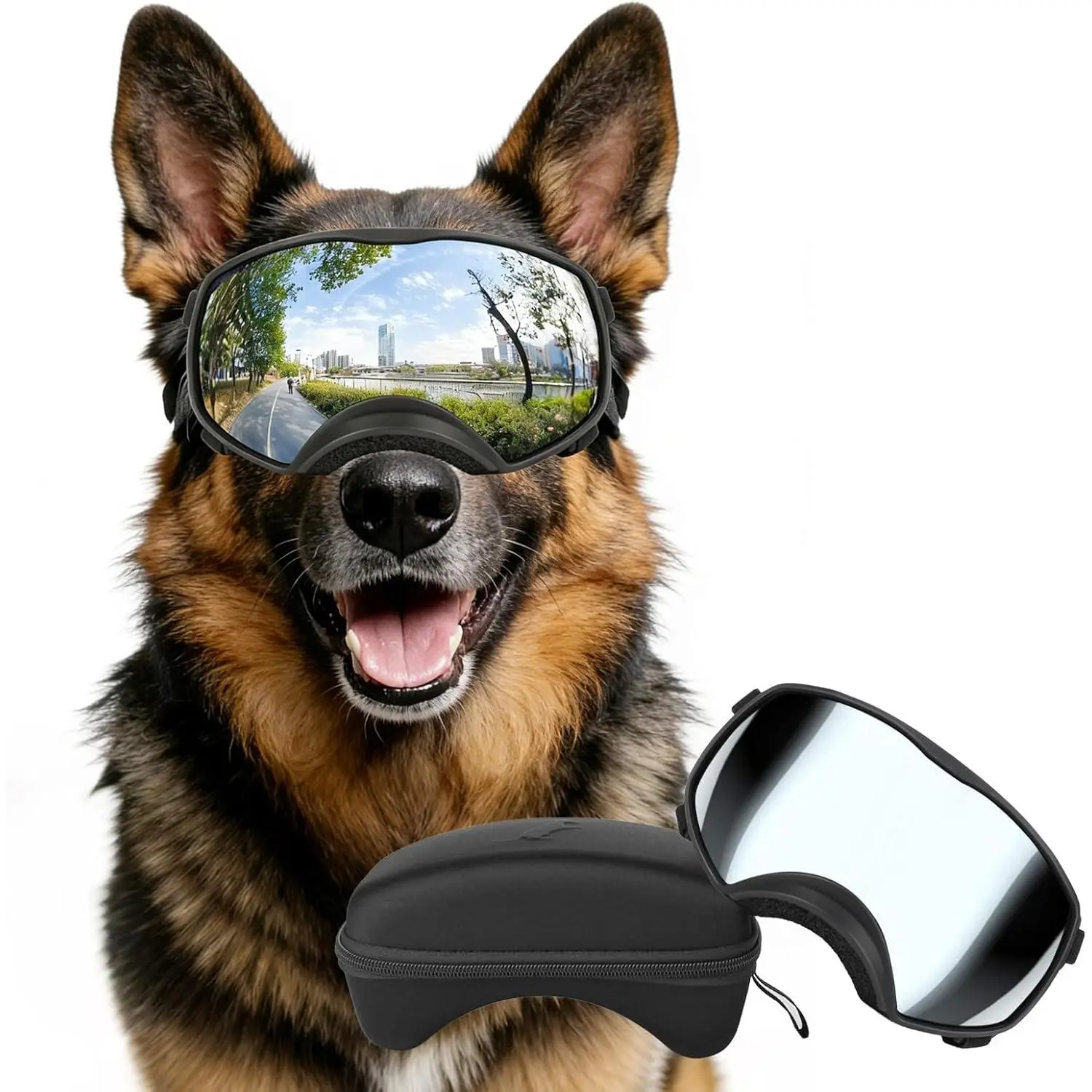 Dog Sunglasses UV Protection Silver Dog Goggles Windproof Glasses with Elastic Straps for Medium-Large Breed, Black Frame + Silver Lens