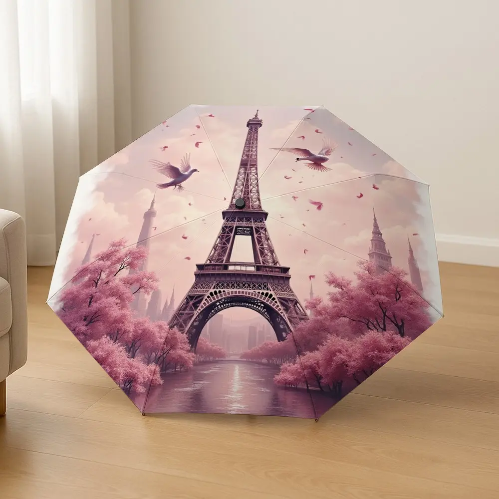 Eiffel Tower Cherry Blossom Automatic Folding Umbrella, Lightweight Portable Travel Umbrella, 8-Rib Frame, Unisex, Halloween Christmas Gift