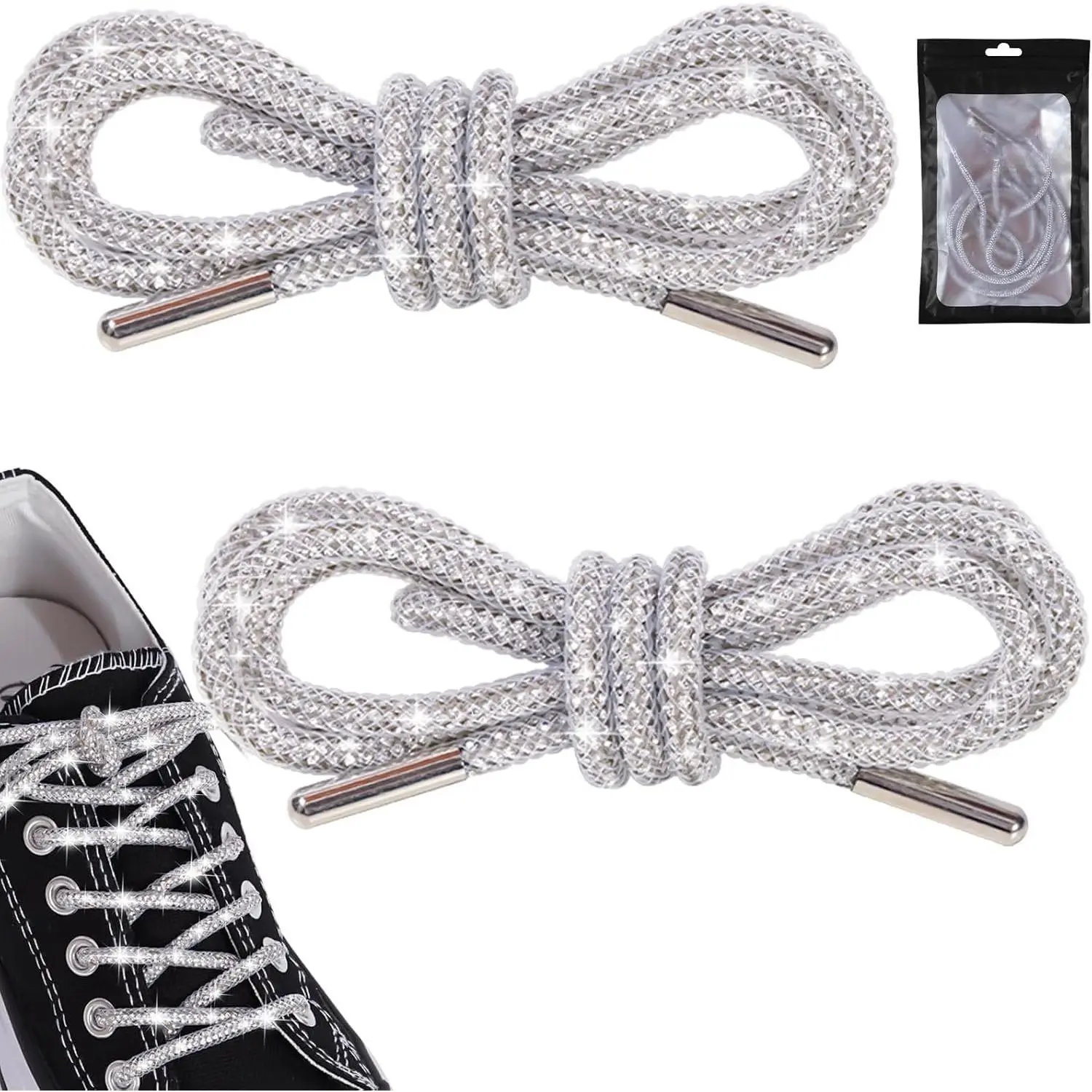 Rhinestone Glitter Rope 47in 2 count, Sparkly Round Shoelaces for Sneakers,  Laces for Women & Men