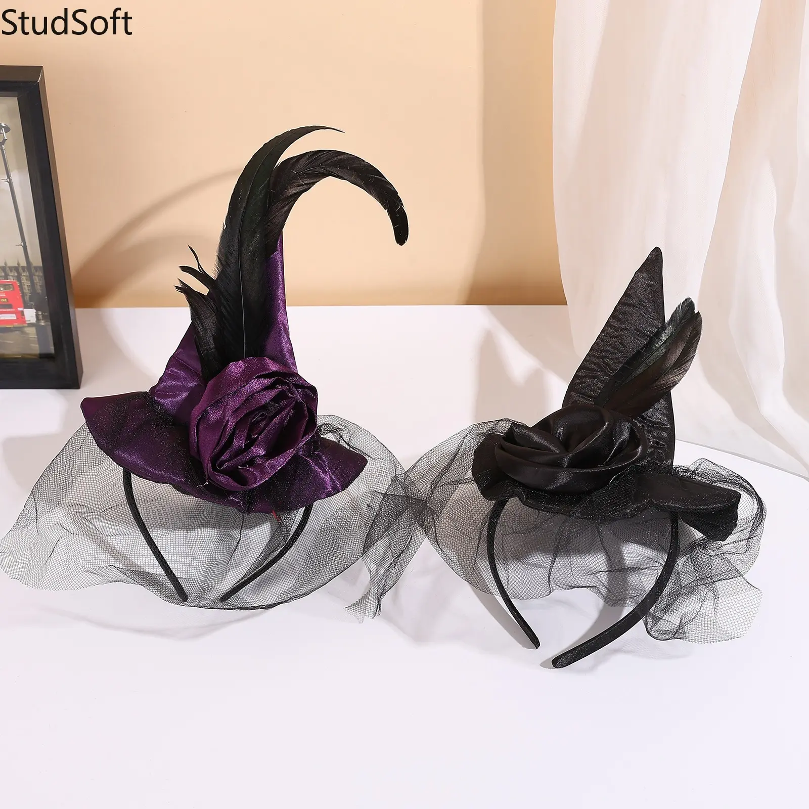 Halloween Witch Hat Headband Gothic Rose Veil Hair Hoop Fascinator with Feather Novelty Hairband for Costume Party Women Kids Cosplay