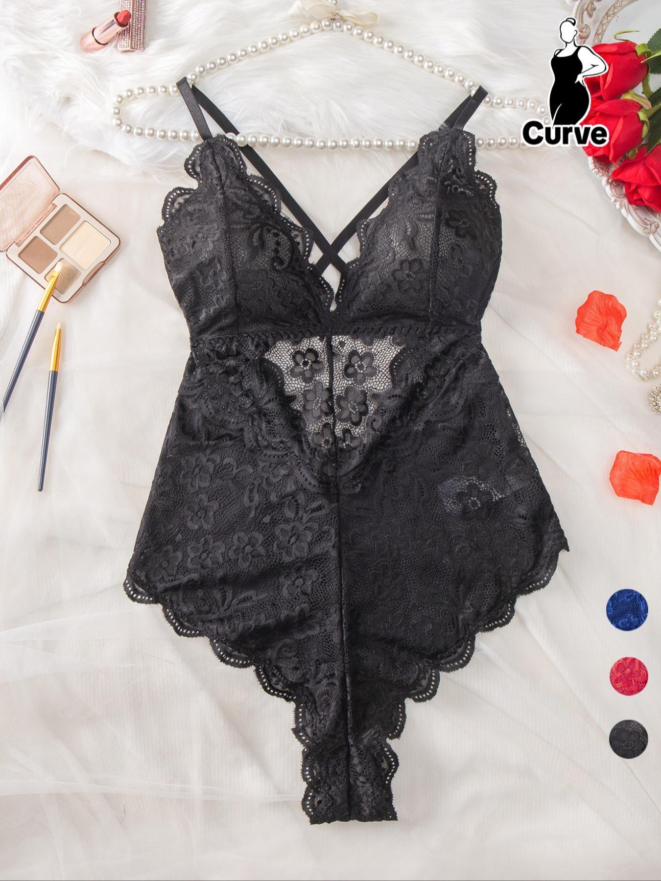 【Plus Size】 Criss Cross Cut Out Sheer Lace Cami Bodysuit, Open Crotch Design Sexy Bodysuit for Daily Wear, Women's Plus Size Sexy Lingerie for All Seasons