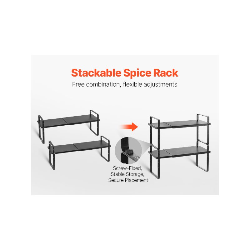 VEVOR Adjustable Kitchen Cabinet Shelf Organizer, Expandable 2 Tier Cabinet Shelf, Stackable Countertop Organizers and Storage Shelf Risers, Pantry Organizers for Kitchen Bathroom Office, Black