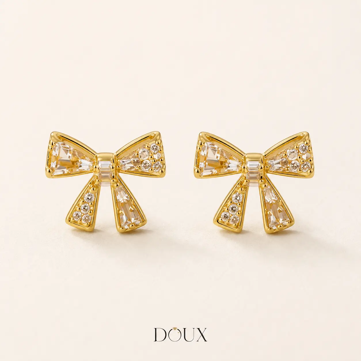 DOUX Crystal Bow Stud Earrings for Women – Gold-Tone Rhinestone Ribbon Jewelry
