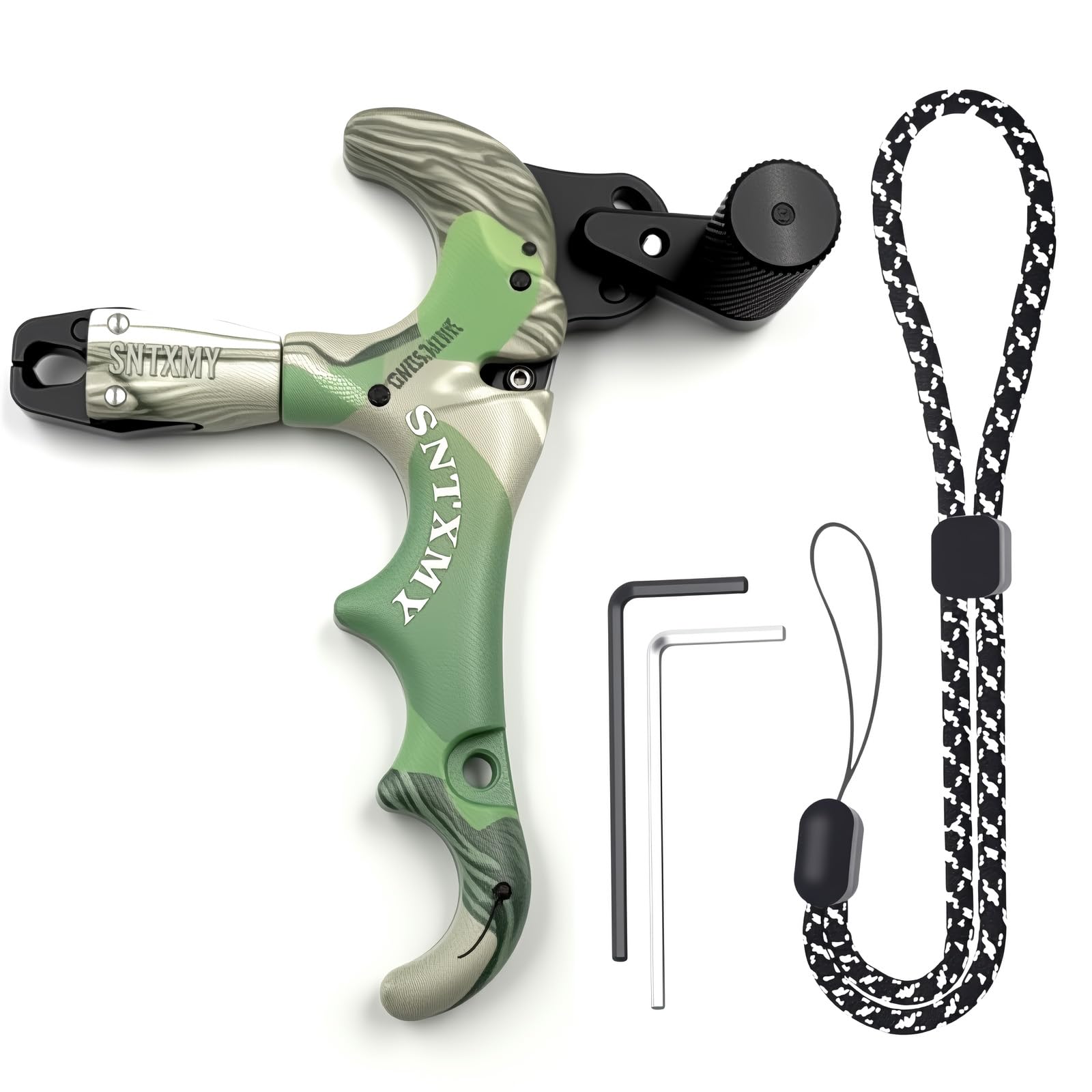 Unisex Aluminum Archery Bow Release - 360° Rotating Trigger, Ergonomic Design, Adjustable Camo Equipment for Compound & Recurve Bows, Boosts Accuracy & Durability for Outdoor Use