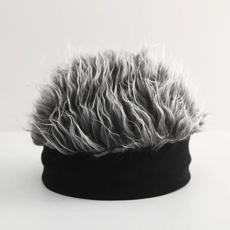 Unisex Thick Knit Brimmed Beanie - Men's Winter Integrated Wig Hat, Casual Wear Melon Shape Funny Landlord Fake Hair Cap for Adults, Hip Hop, Wind Resistant