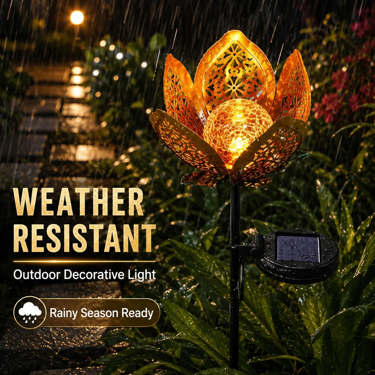 Lotus-Shaped Solar-Powered LED Garden Light - Iron Ground Plug, Contemporary Hollow Cutout Design, Waterproof Home Festive Party Decoration Lamp