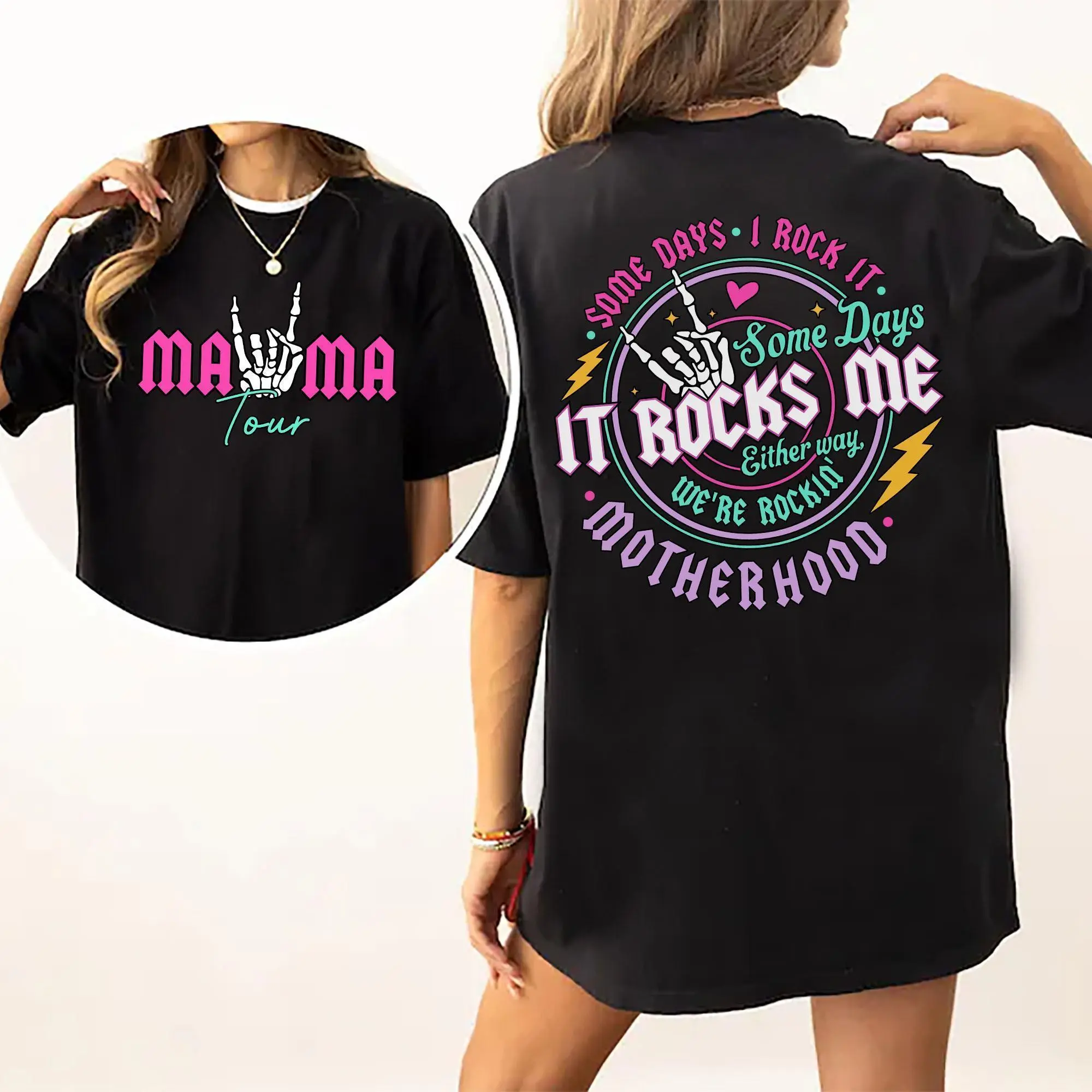 Short Sleeve  T-Shirt Some Days I Rock It 2 Sides Shirt, Motherhood, Mama Lighting Bold T-shirt, Printed Graphic Shirt, Daily Casual Womenswear Love Embroidered Fabric Fleece