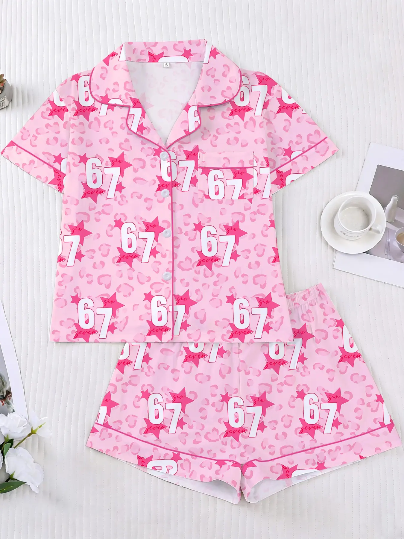Women's Pajama Set, Leopard Print Star Pattern, Short Sleeve Button Front Top, Elastic Waist Shorts, Comfortable Home Wear