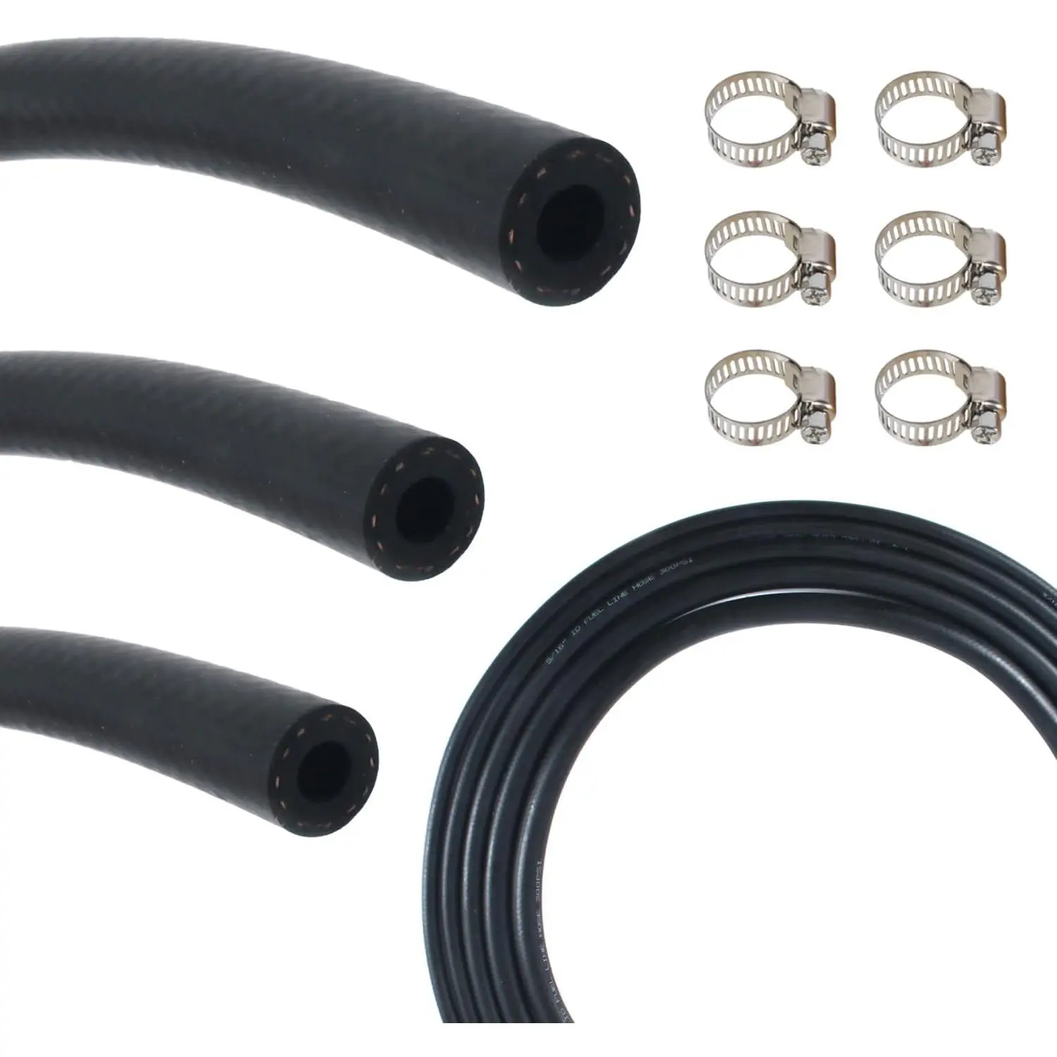 Line Hose Kit 5FT 3 count With 18 count Clamps,3/8" 5/16" 1/4" ID  300PSI NBR Rubber for Automotive, Small Engines, ATV, Push Lock Reinforced
