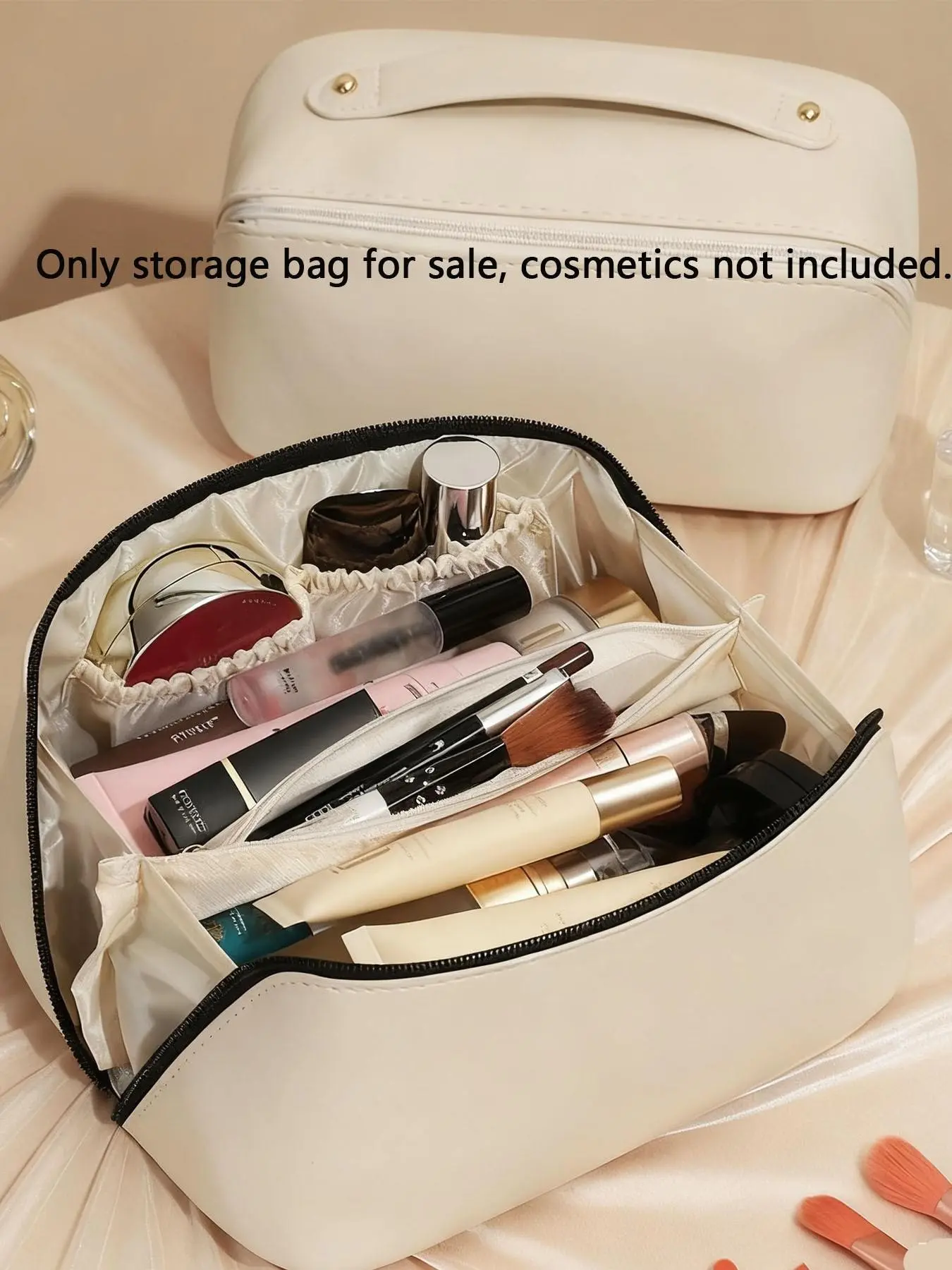 Elegant Light Color Portable Handheld Makeup Bag, Gold Metal Zipper Decor Cosmetic Storage Case, Soft Wear Resistant Multi-Purpose Travel Toiletry Makeup Bag for Daily Makeup Storage Vacation & Office Use