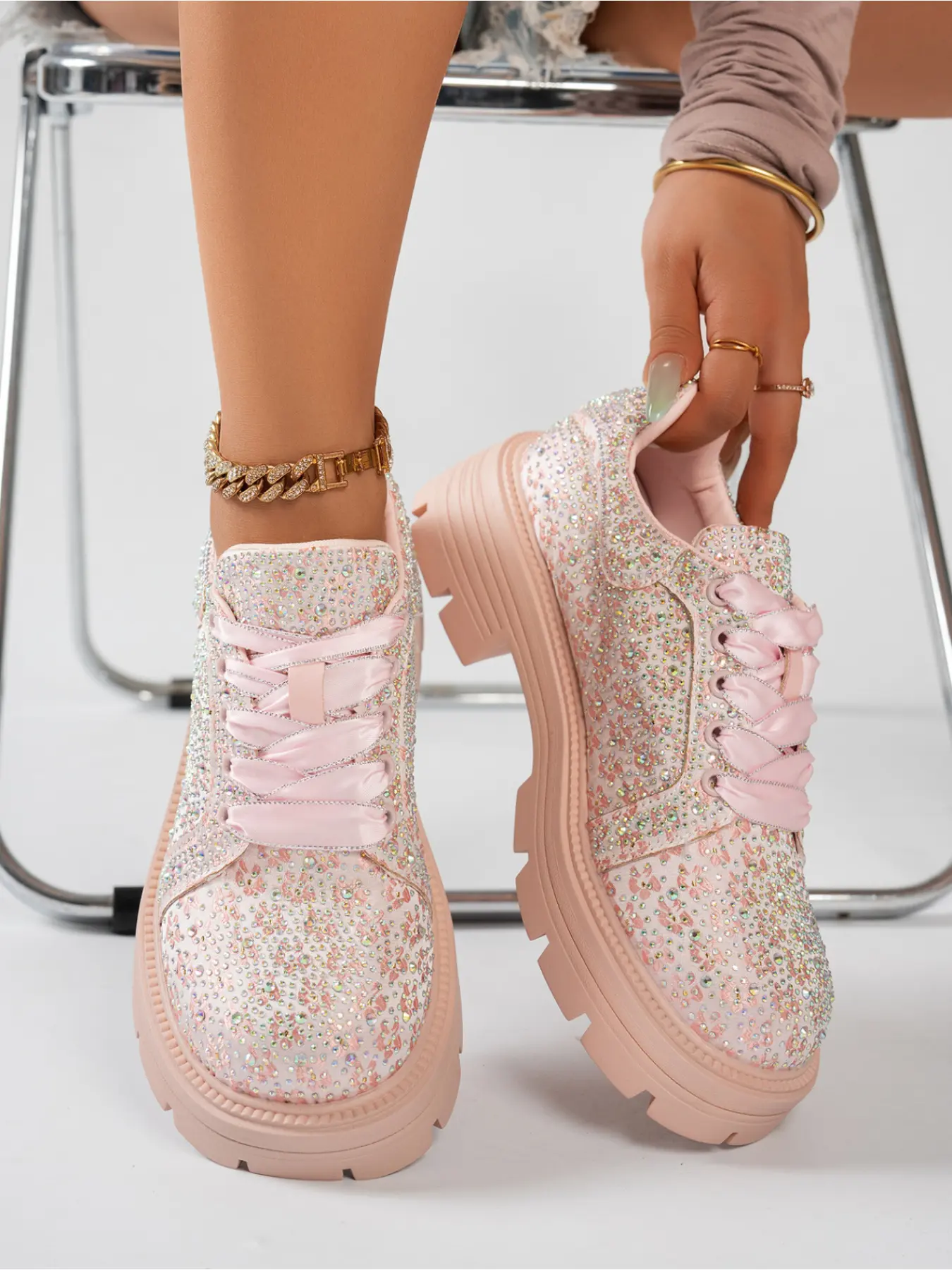 Women Rhinestone Platform Oxford Shoes Shiny Crystal Satin Lace Up Chunky Sole Casual Sneakers Casual Thick Soled
