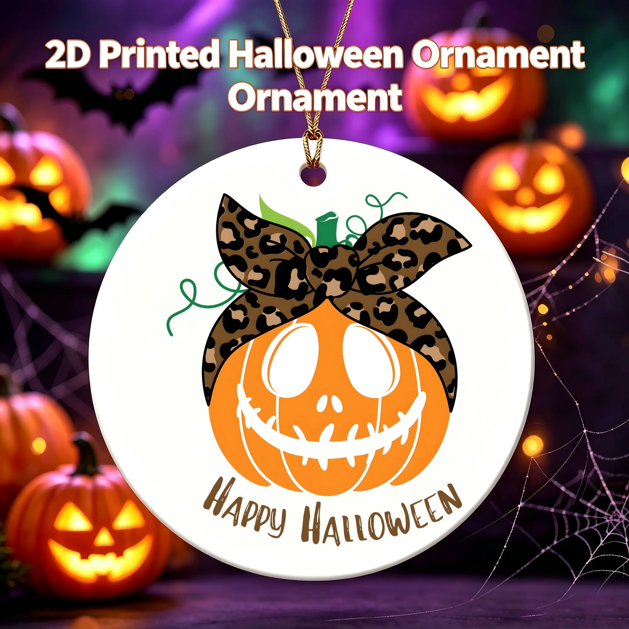 Halloween Style Ceramic Ornament Leopard Bow Pumpkin Pattern Ceramic Hanging Decoration For Home Party Decor 3 Inch