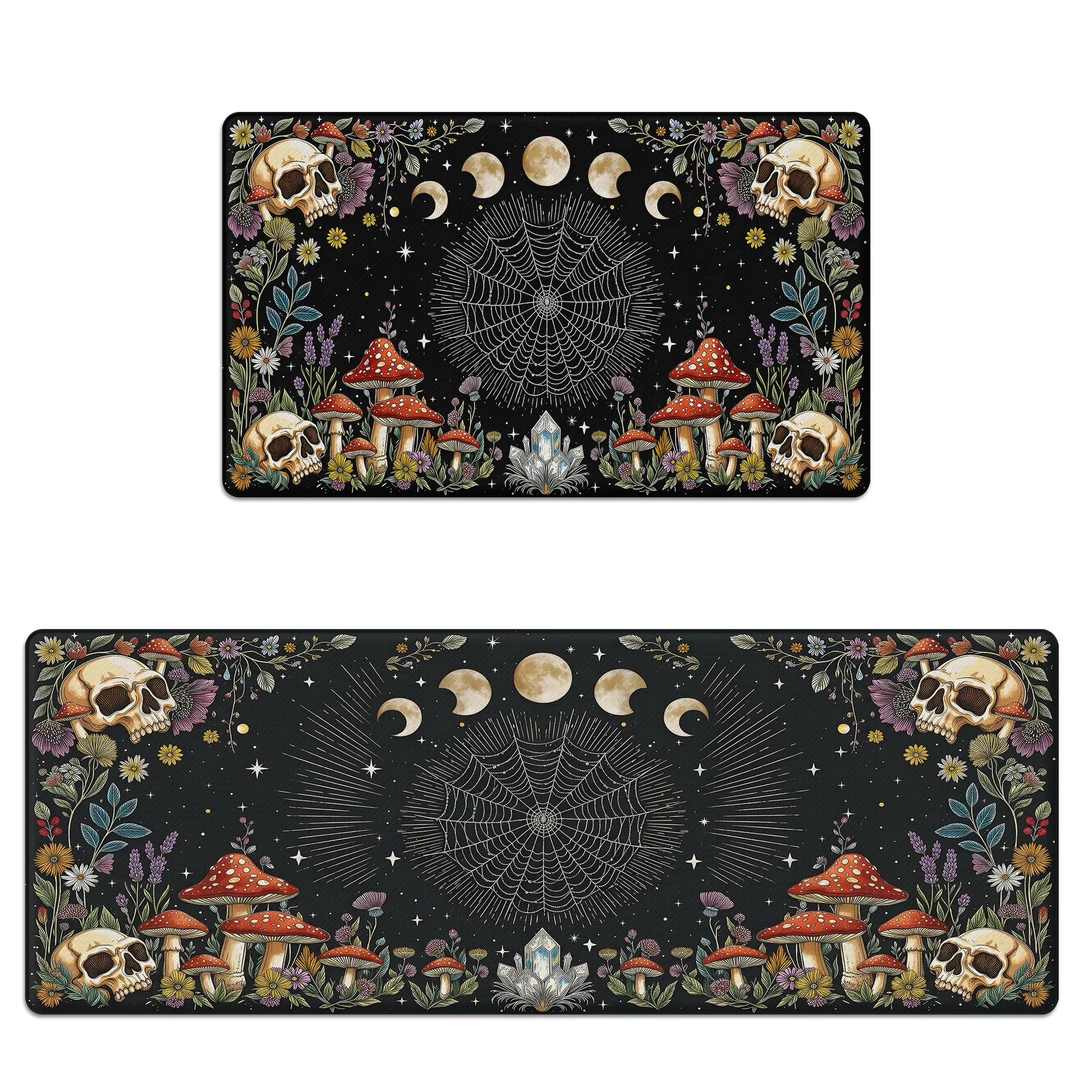Home Kitchen Anti-Fatigue Cushioned Memory Foam Mat Set (2 Mats), Non-Slip, Scratch-Resistant, Waterproof Gothic Skull Moon Mushrooms Kitchen Rugs