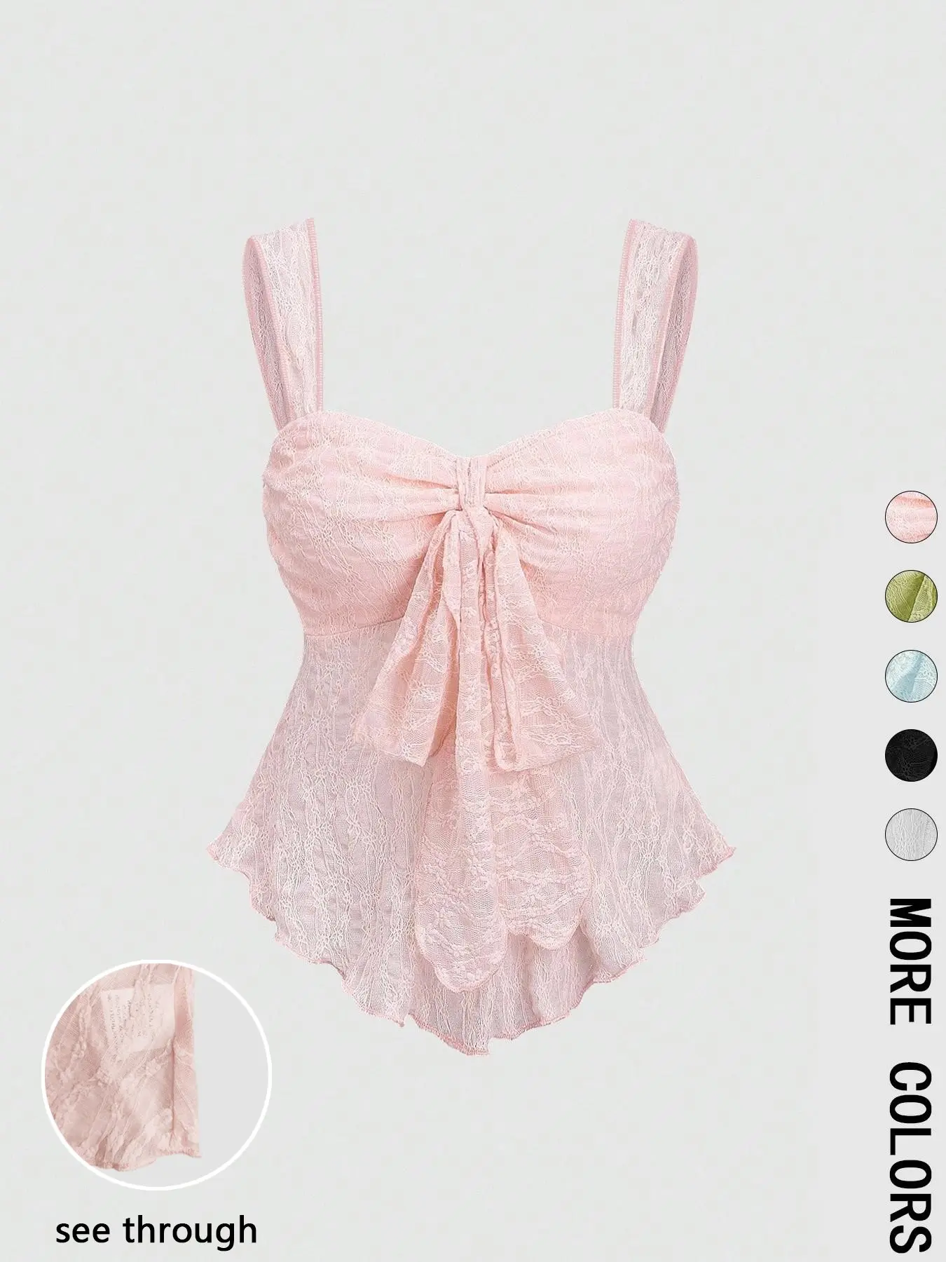 Romantic Lace Strapless Top for Women, Cute, Thin Straps, Front Bow Pleat, Summer See Through Sheer, Slim Fit, Plain Surface