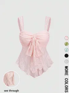 Romantic Lace Strapless Top for Women, Cute, Thin Straps, Front Bow Pleat, Summer See Through, Slim Fit, Plain Surface
