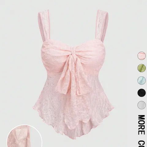 Romantic Lace Strapless Top for Women, Tank Strappy, Cute, Thin Straps, Front Bow Pleat, Summer See Through Sheer, Slim Fit, Plain Surface