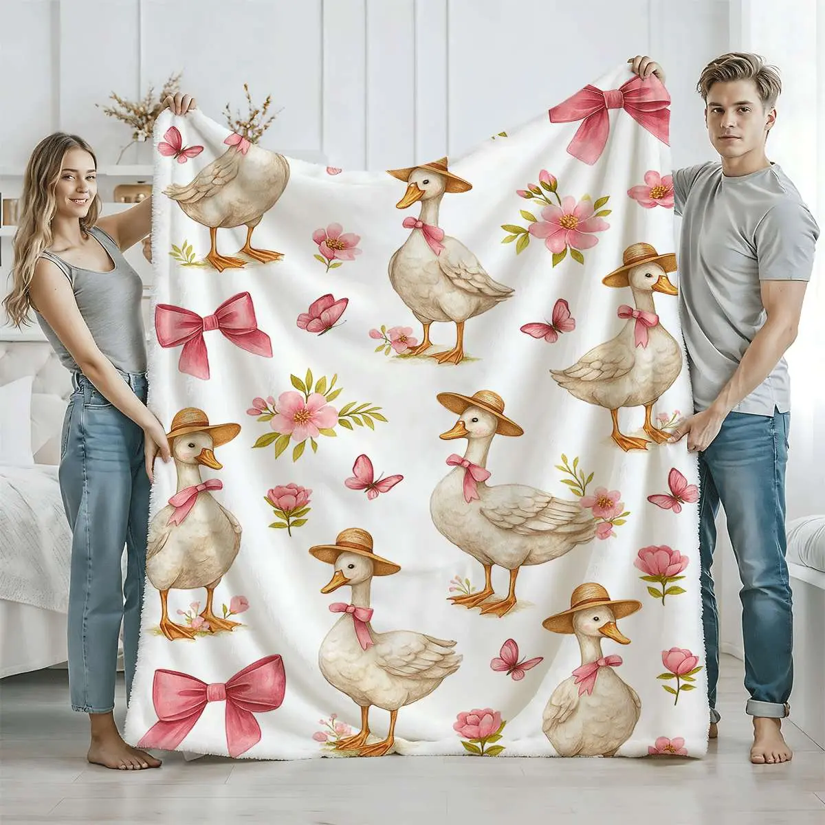 1Pc Cute Theme Flannel Fabric Goose Print Throw Blanket with Straw Hat-Pink Bow Pattern, Breathable All-Season Cozy Bedding for Bed,Couch, Adorable Gift, Hand Wash Only (Multi-Size)