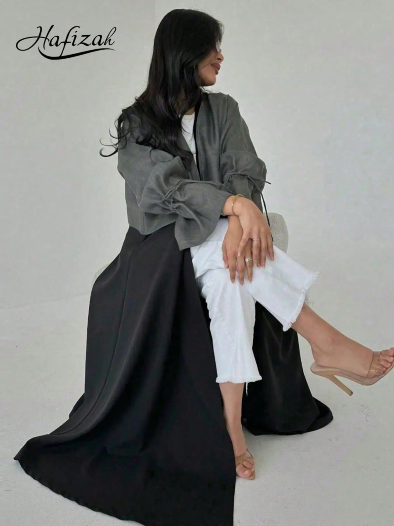 Drawstring Bubble Sleeve Two-Piece Patchwork Satin Long Dress, Flowy Simple Everyday Commuter Women's Outerwear, Casual Wear, All-Season Loose-Fitting Plain Design
