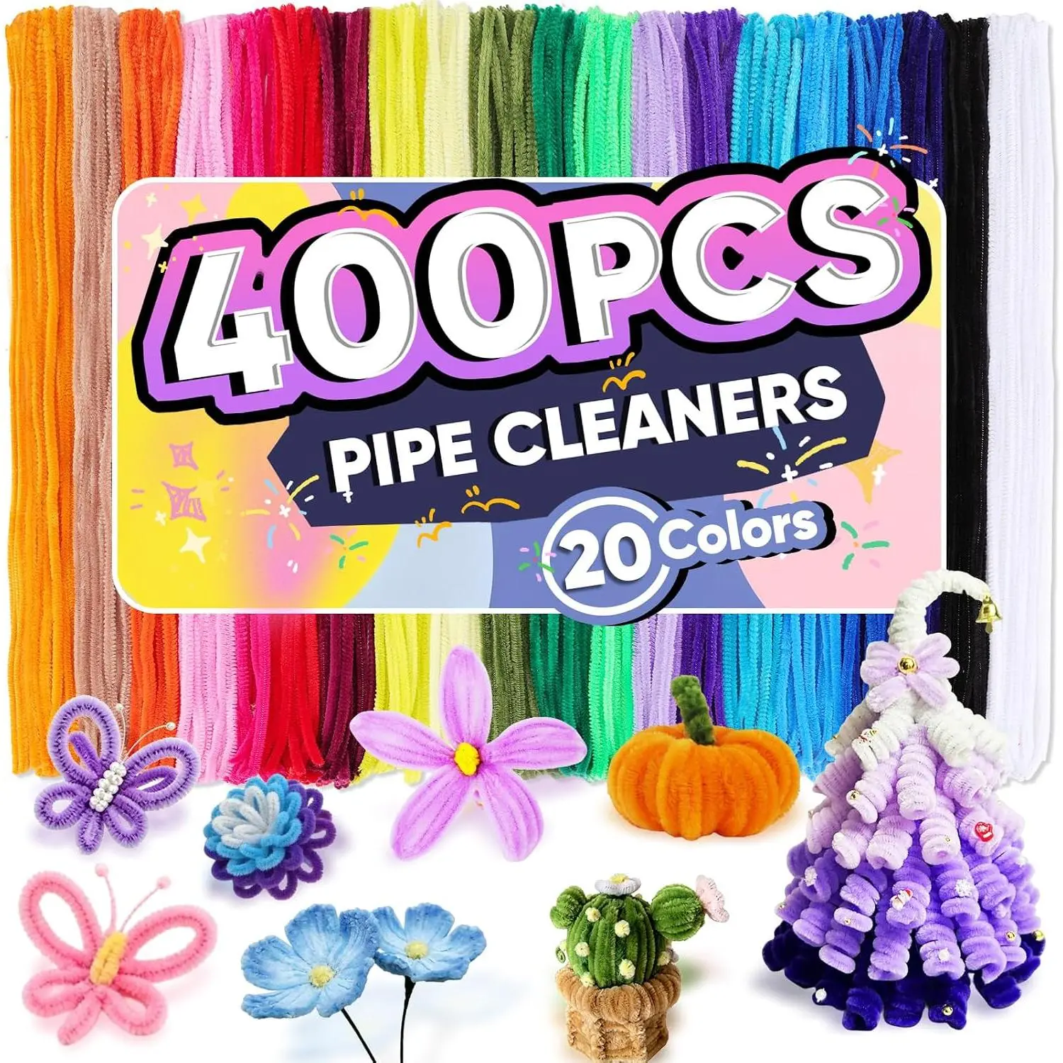 400 count Pipe Cleaners Bulk, 20 Colors Chenille Stems Pipe Cleaners Craft