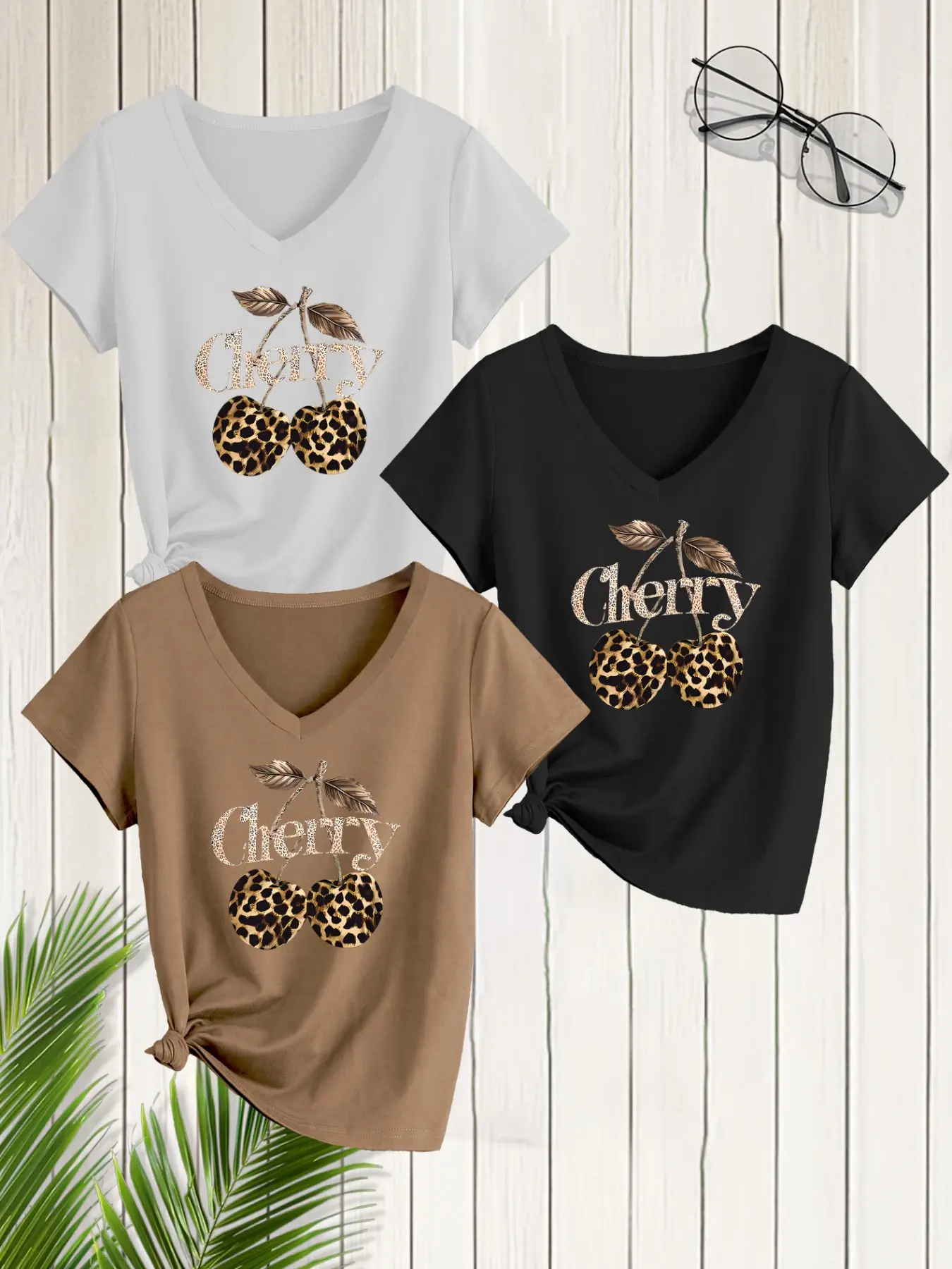 3-Pack Women's Casual V-Neck Short Sleeve T-Shirts, Tops, Leopard Cherry Print, Elegant Daily Wear, Spring Summer Fashion