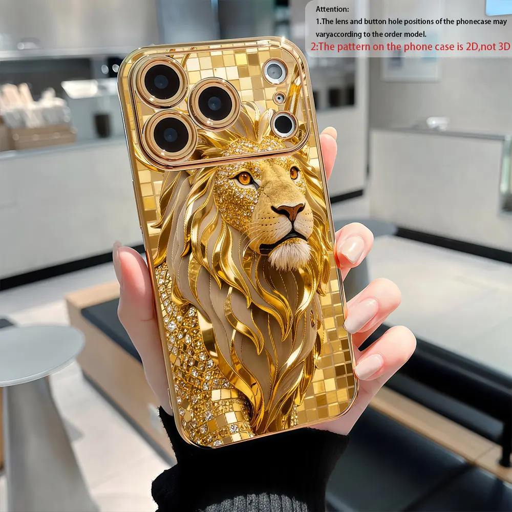 Luxurious Gold-Plated Lion Motif 2D Flat-Design PC Cellphone Casing - Phone Cover, Protective Accessories for iPhone 11/12/13/14/15/16/17 Series (Pro Max/Plus/Air), Ideal Gift Choice