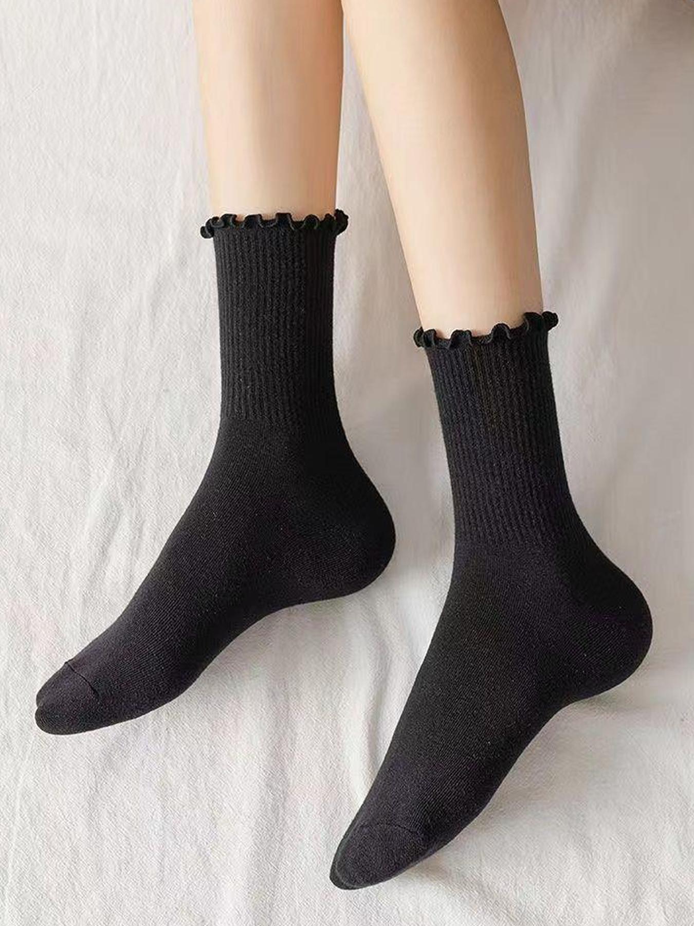 Women's Solid Lettuce Trim Crew Socks, Casual Comfy Breathable Socks for Daily Wear, Multipack Knit Socks for All Seasons