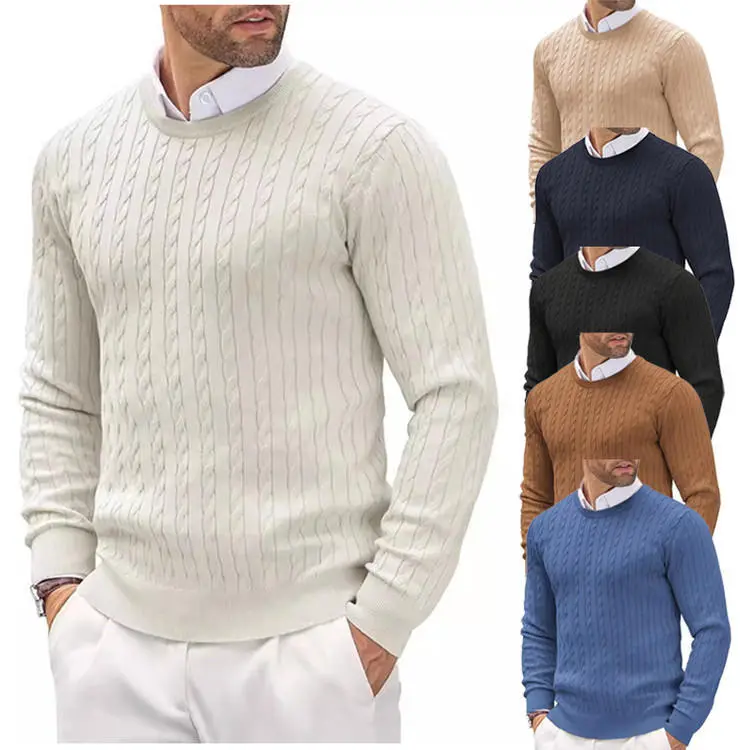Men's Autumn Winter Crew Neck Solid Color Cable Knit Sweater Slim Fit Minimalist Versatile Knitwear Base Layer Classic Men's Clothing Long Sleeve Pullover