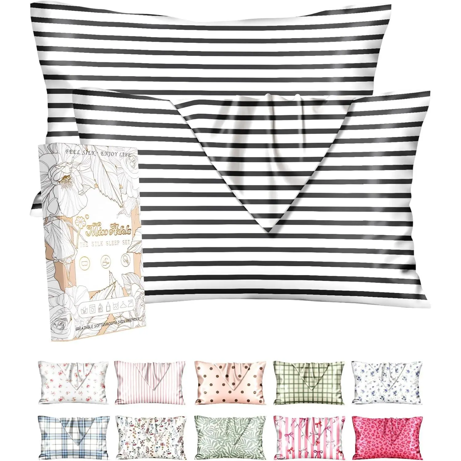 2pcs Mulberry Silk Pillowcases - Hidden Zipper, Soft Cooling, Stain-Resistant Bedding for Hair and Skin, Gray Stripe & Pink Dots Patterns, Hand Wash Only