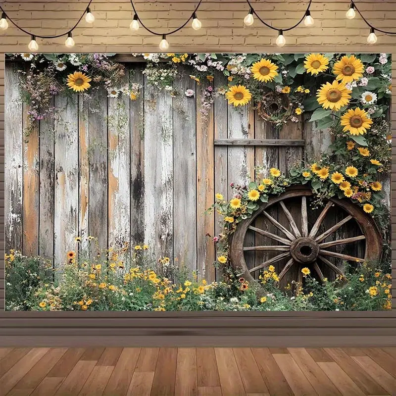 1 piece vintage farmhouse background cloth, Party Backdrop Decoration, with old-fashioned wheels and sunflower wildflower photography, suitable for parties, outdoor celebrations, polyester material, festival decoration, courtyard decoration