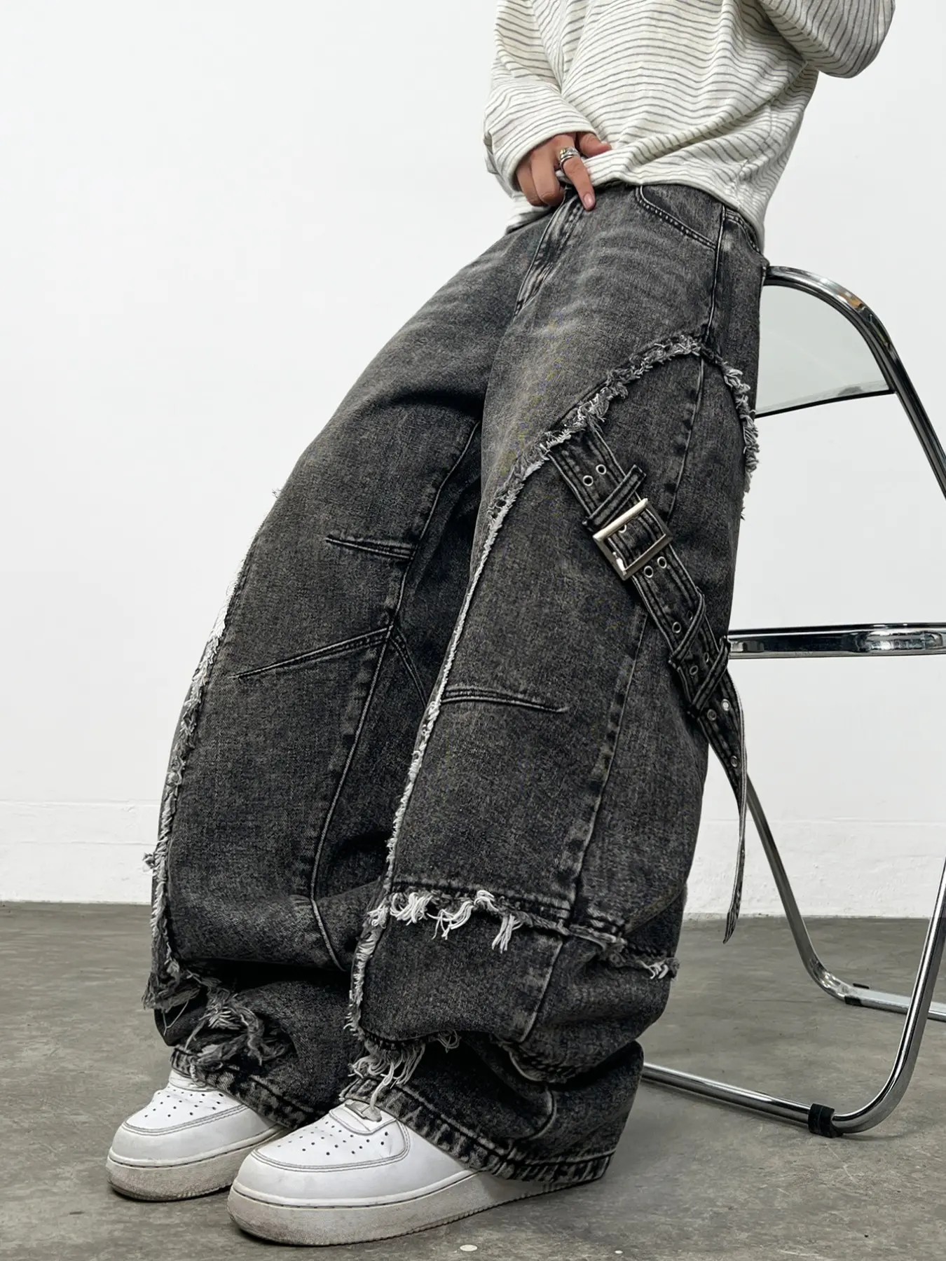Men's Denim Jeans, Washed Vintage Utility Webbing Frayed Edge Patchwork Baggy Straight Leg Wide Leg Jeans, Y2K Street Fashion Workwear