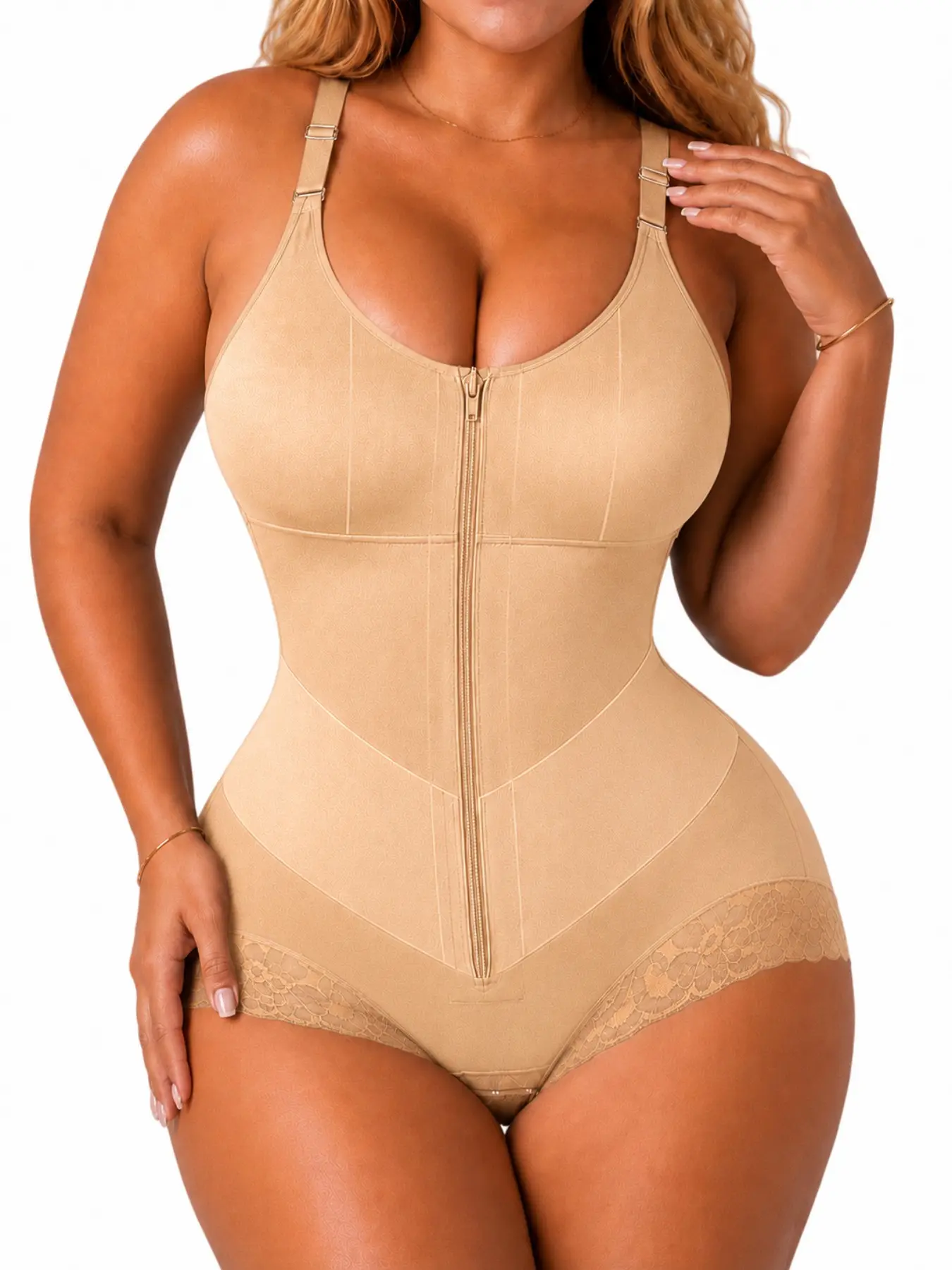 1 Count Women's Double Compression V-Shaper Belt Colombian Shapewear, Fajas, Lace Trim Anti-Slip Leg Hem Jumpsuit, Adjustable Straps Front Zipper Shapewear Bodysuit, Natural Lift Body Shaper, Waist Trainer, Suitable For Various Occasions