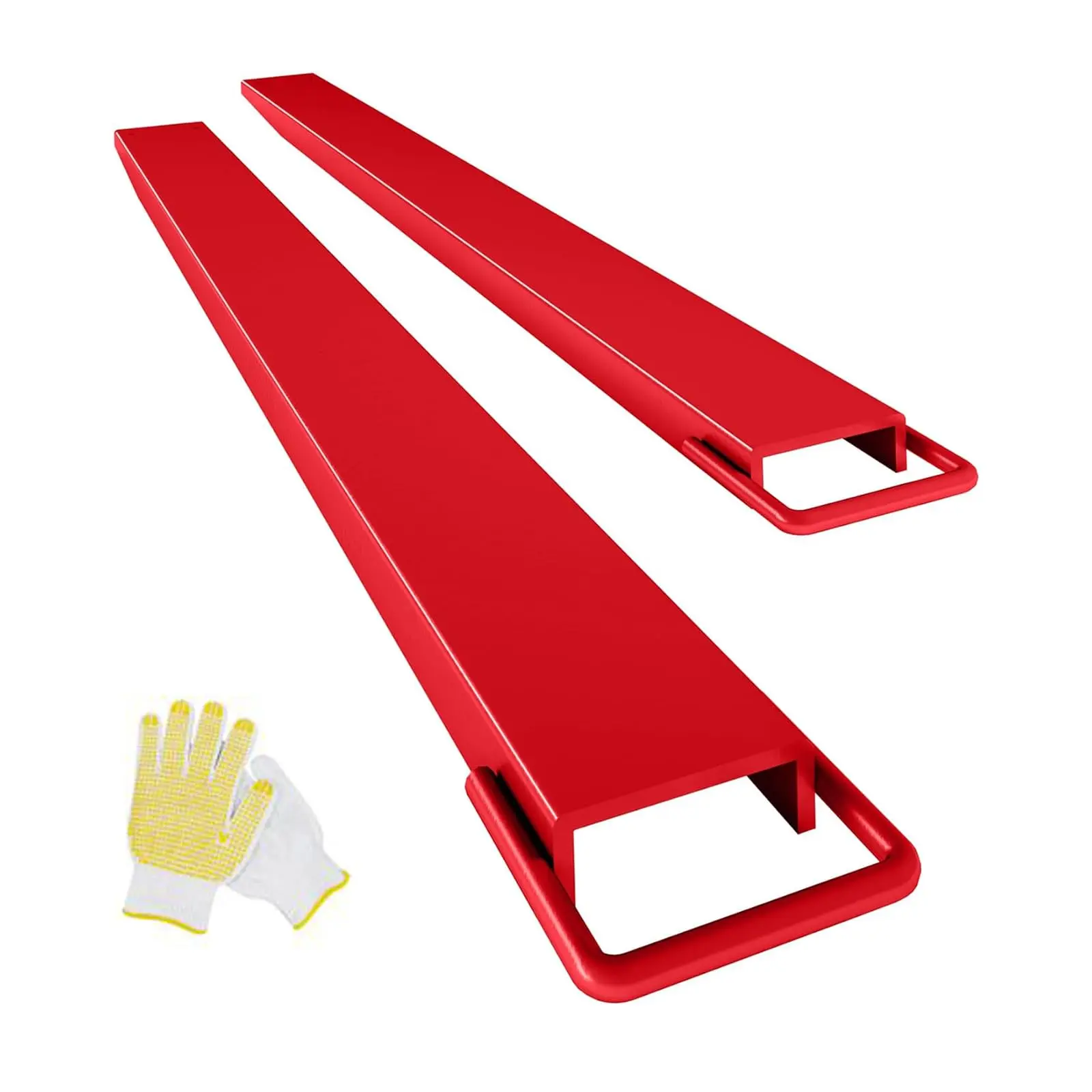 Heavy-duty steel forklift fork extensions sold as one pair, available in 60/72/84 inch lengths, compatible with 4.5"–5" wide original forks, rated 4600 lbs load limit, ideal for forklift cargo expansion and warehouse pallet handling.