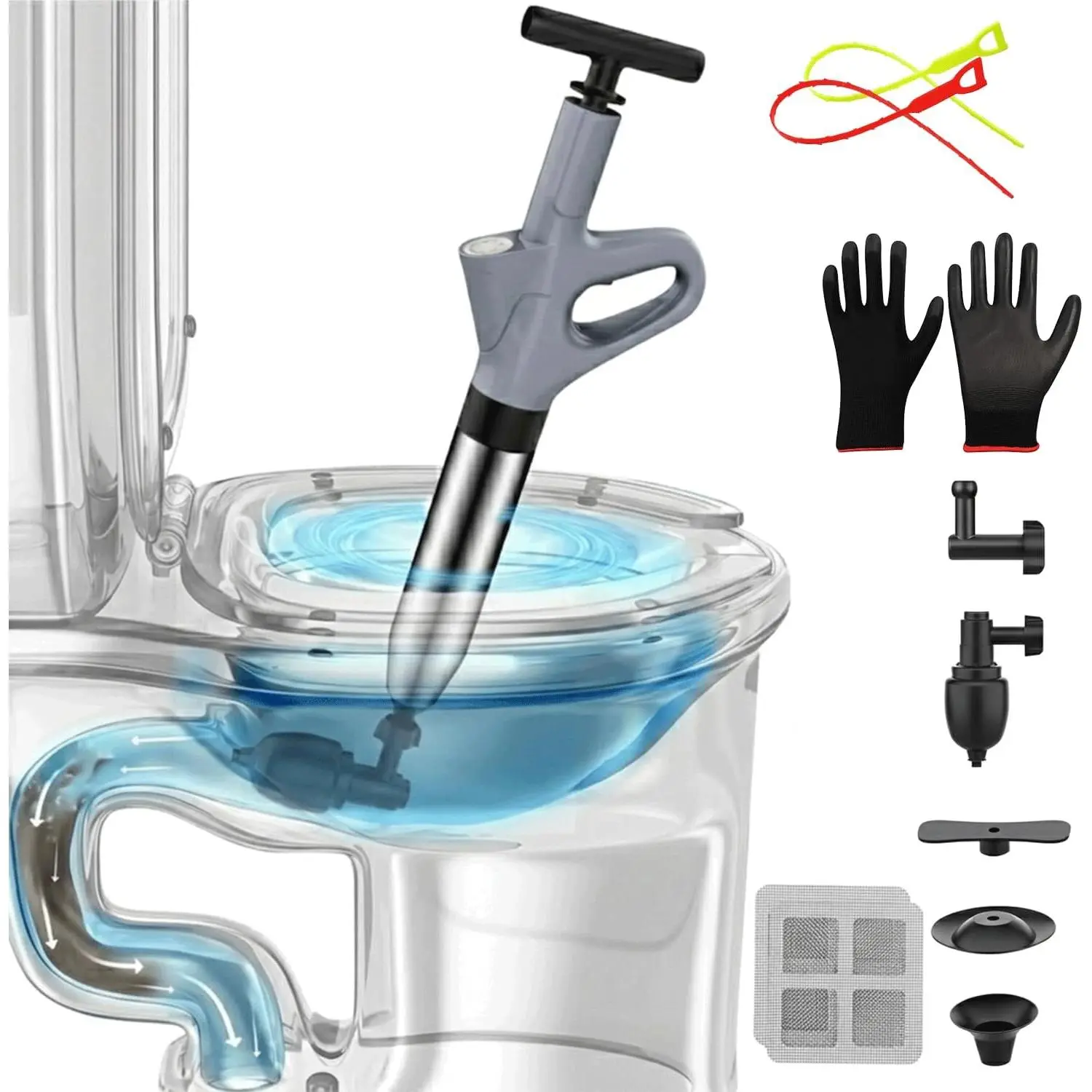 Toilet Plunger, High  Toilet Plunger with Gloves,2 Hair Snake,2 Hair Filters, Toilet Auger Air Drain Blaster with Real-Time, Heavy Duty Plunger for Bathroom and Kitchen Plumbing Clogs