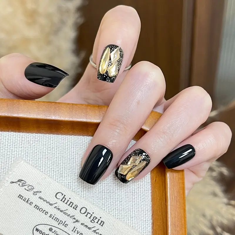 30 Pcs Short Ballet Press-On Nails, Pure, Gold Rhinestone Decor, Reusable, Includes Jelly Glue and File, Perfect for Daily Use