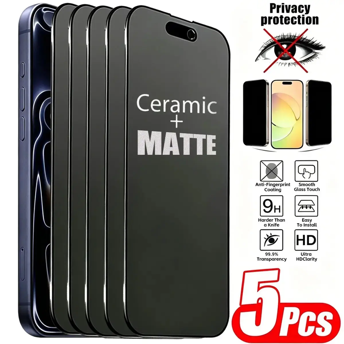 5-Pack (Ceramic Matte Anti-Peep) Frosted Privacy Ceramic Film, Fine Matte Texture, Effectively Suppresses Fingerprints And Glare, Anti-Peeping, Privacy Protection Film, Suitable for iPhone 14/14 Promax/15/15 Promax/16/16 Promax/17/17 Pro/17 Promax