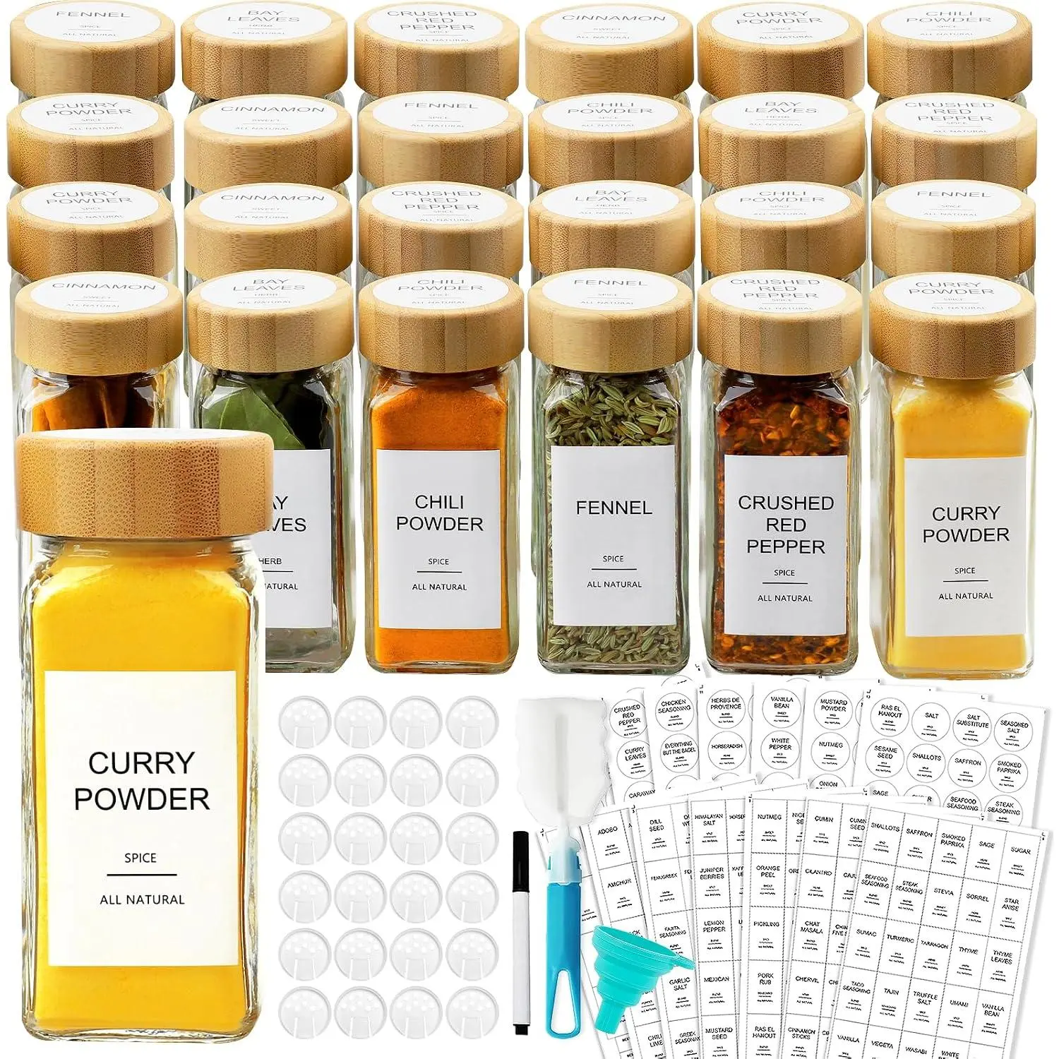 Glass  Jars with 398 Labels, 24 count 4oz  Containers with  , Square  Bottles With Shaker , Organization for Cabinet,Drawer,Rack,Seasoning Organizer