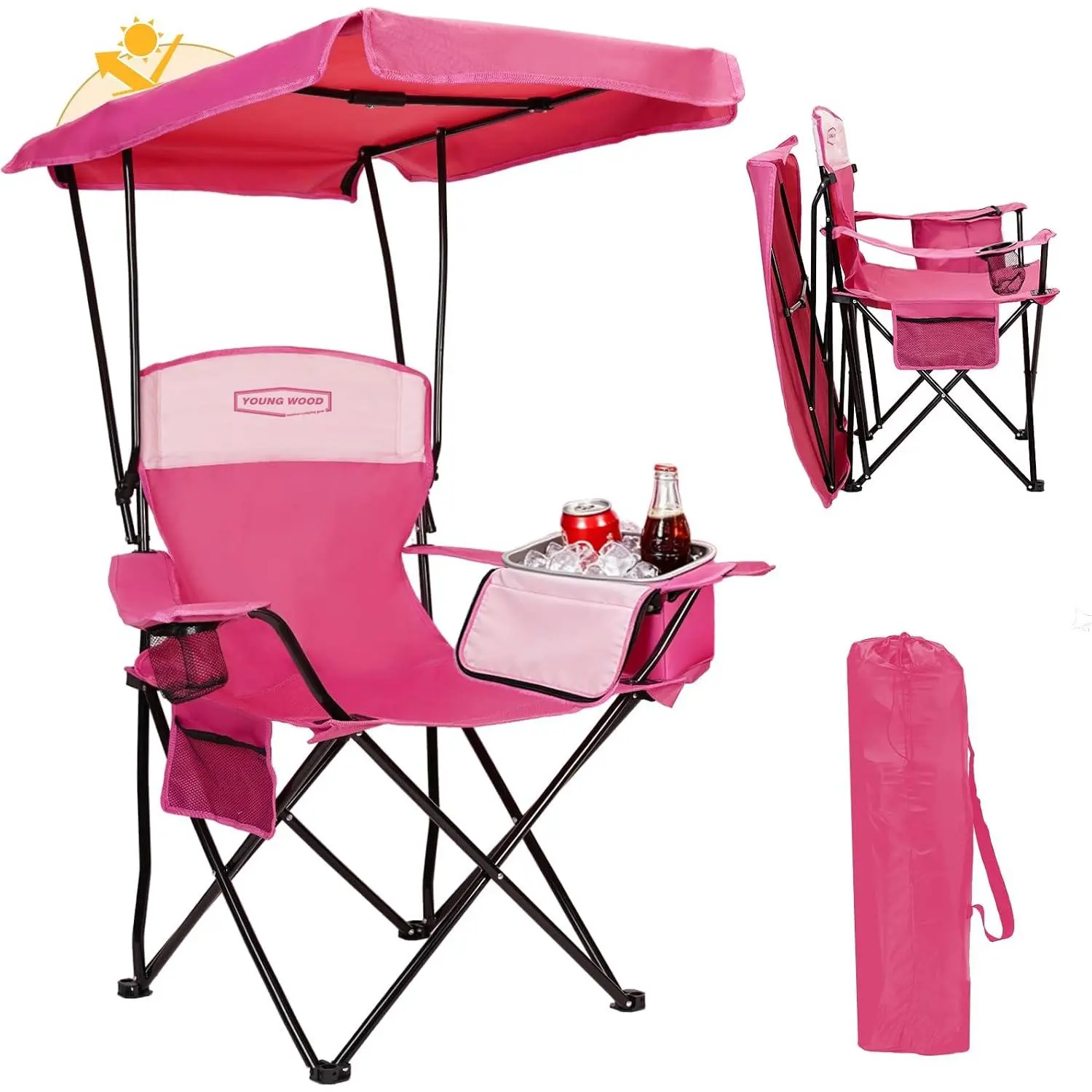 YoungWood Unisex Oversized Frame Outdoor Camping Chair with Canopy, Portable Lightweight Beach Chair with Shade, Easy Open/Close No-Installation Design, Side Pocket & Cooling Bag, Pink