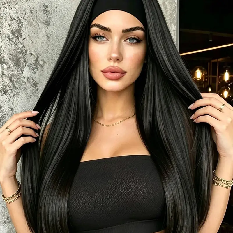26 Inch Super Long Headband Wigs for Women, Straight Half Wig, Synthetic Hair, Glueless, Heat Resistant, Daily Party Use, Convenient Wigs