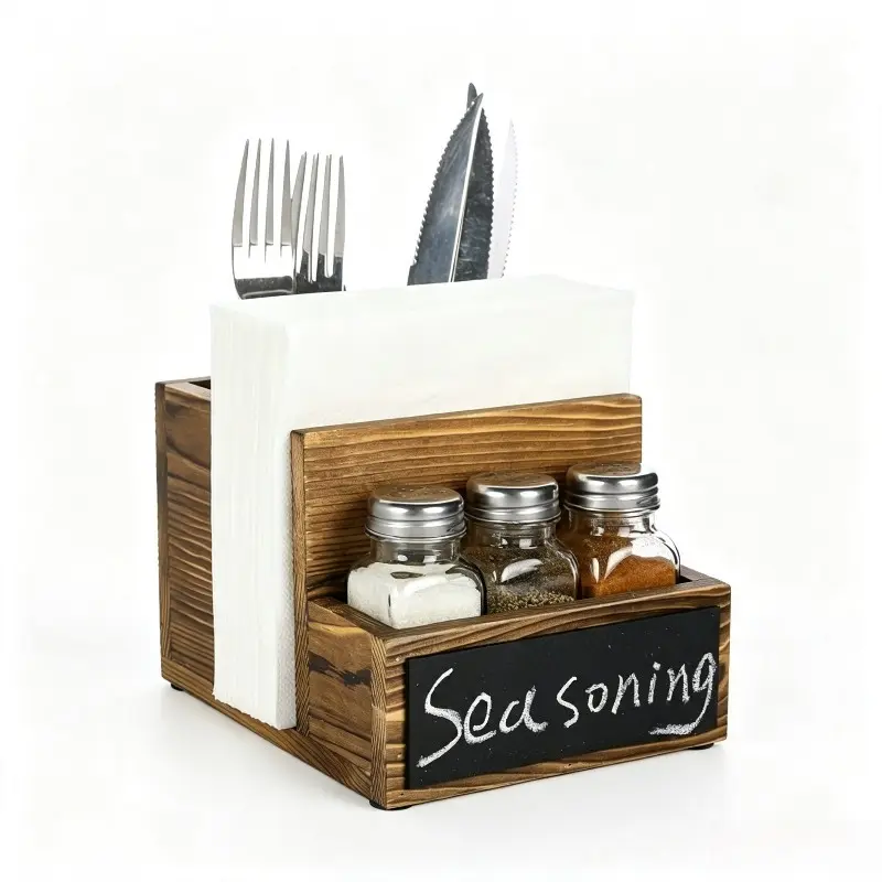 Napkin Holder, Farmhouse Multifunctional Napkin Holder with Salt and Pepper Shakers Holder for Home Kitchen Table Centerpiece and Commercial, Rustic Solid Burnt Wood Organiser Racks