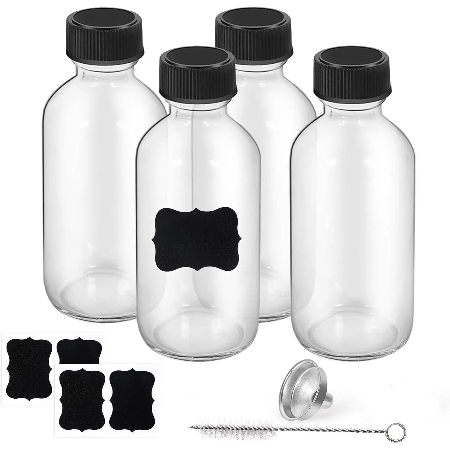 2oz Small Clear Glass Bottles with , 1 Stainless Steel Funnel, 4 Labels,1 Brush - 60ml   Bottle for Juice, Ginger Shot, , Oils, , Liquids - Leakproof Travel Bottle