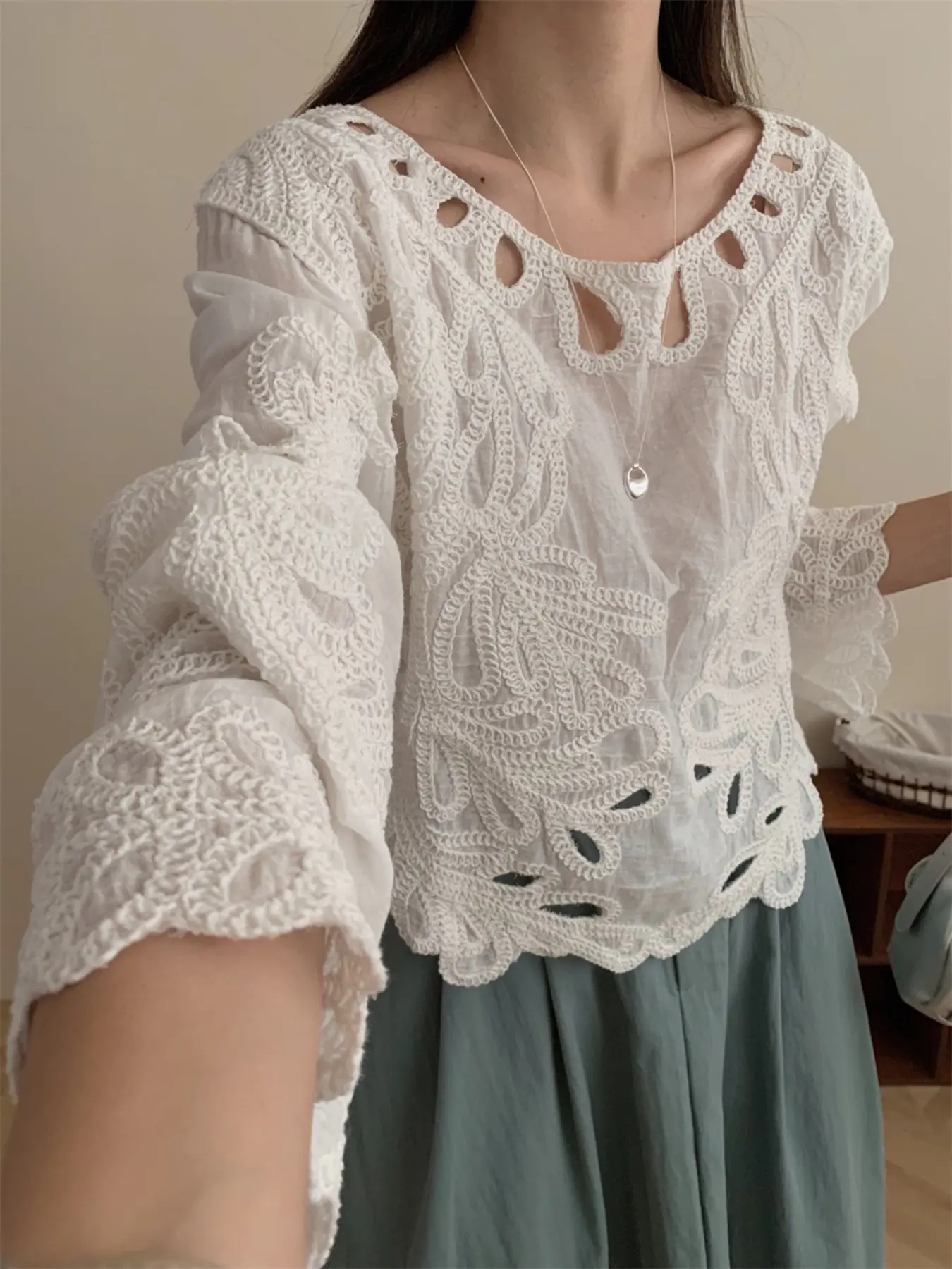 2026 Autumn Retro Hollow Out Embroidery Crochet Shirt, Women's Loose Versatile Blouse, Stylish and Comfortable Fashion Top