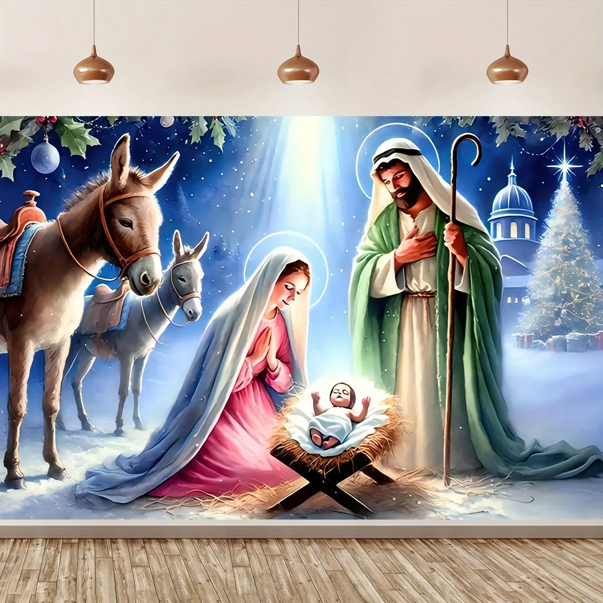 Nativity Religious Christmas Photography Backdrop Fabric Tapestry Birthday Decor Photo Backdrop Wall Decoration Event Display Photography Background Holiday Church Indoor Outdoor Polyester Fabric, Lightweight, Print